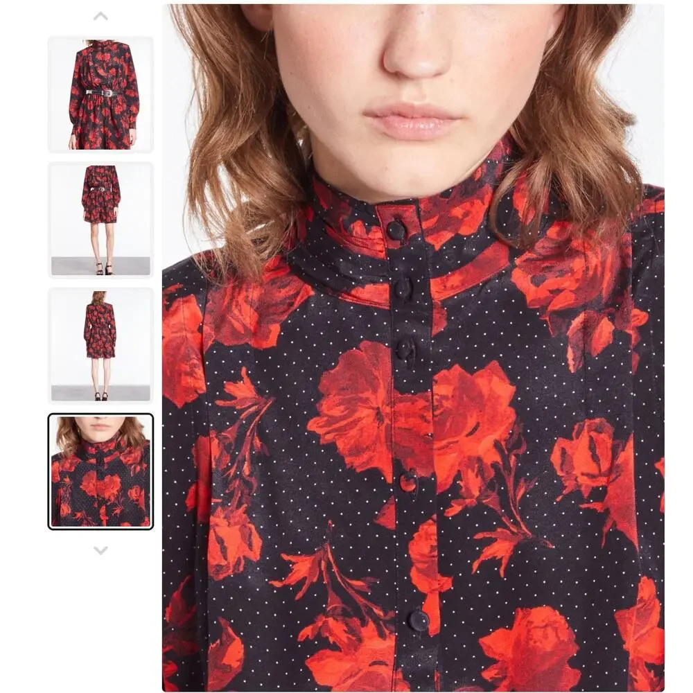 The Kooples Silk Dress EU 38 US 6 Black Red Roses Polka Dot Chic Coquette Indie